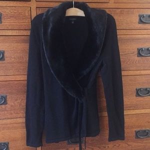Talbots Black Wrap Sweater w/ Detachable Fur